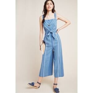Anthropologie Laguna Striped Jumpsuit Blue White Linen Blend